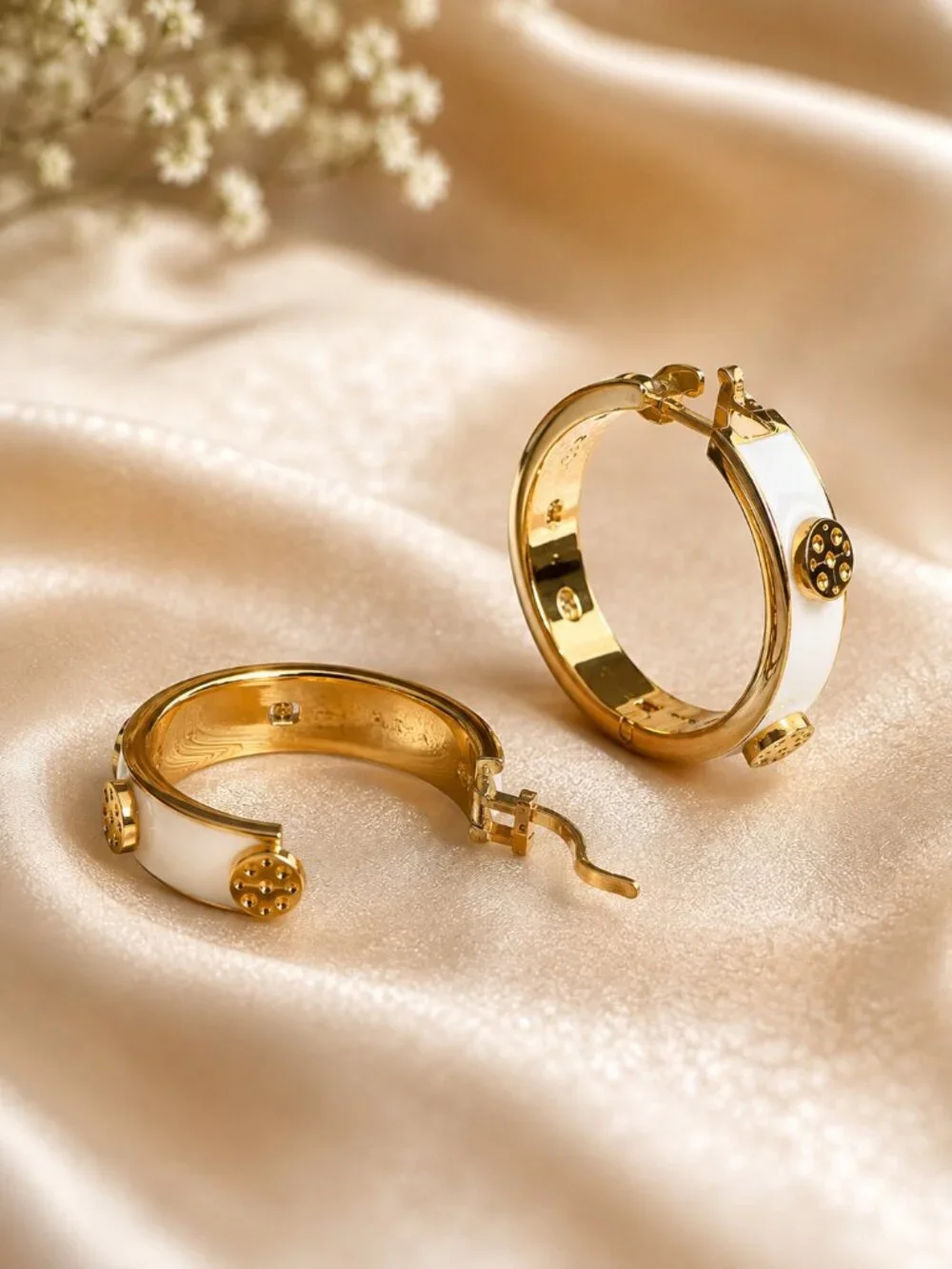 Tory Burch Gold Ivory Stud Hoop HUGGIE Earrings and Enamel Logo Cuff Bracelet
